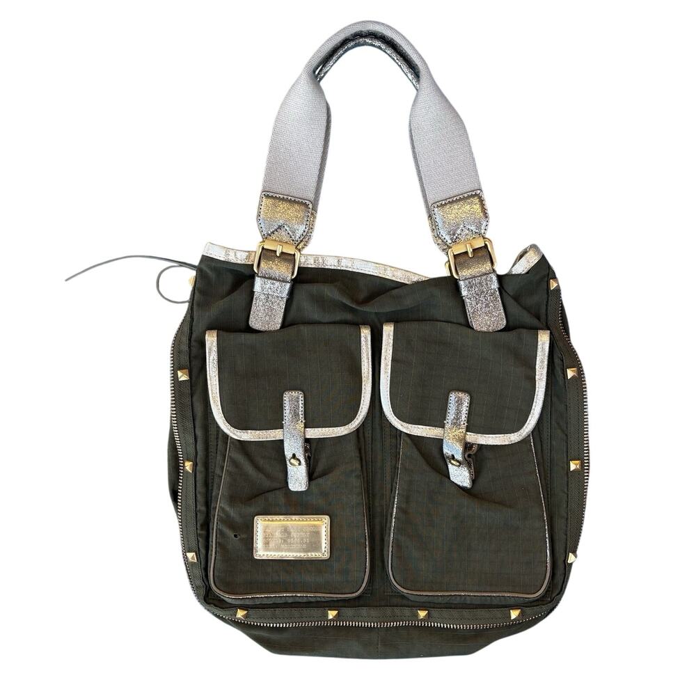 Marc By Marc Jacobs Metalic Studded Military Tote Bag Gold Olive Workwear HOLE